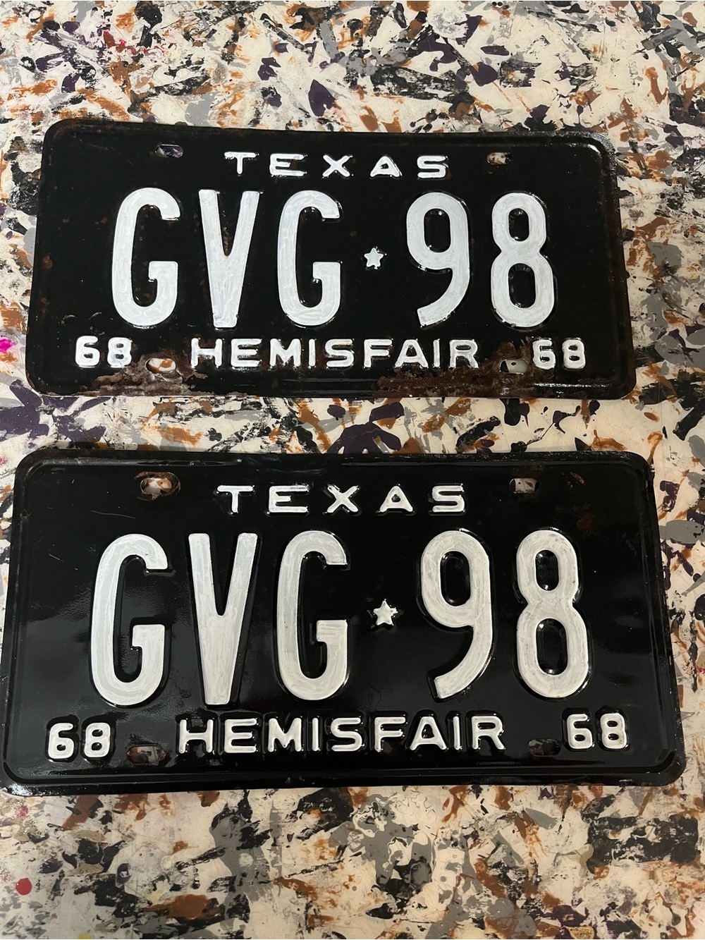 Pair of 1968 Texas Hemisfair License Plates GVG-98 - Black & White